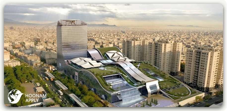 تصویر هوایی از برج مگاپارس واقع در شرق تهران که دفتر TLSContact در آن قرار دارد.